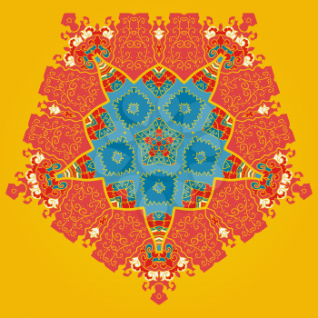 Oriental mandala motif round lase pattern on the yellow orange background, like snowflake or mehndi paint color background
