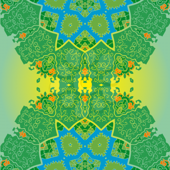 Oriental mandala motif round lase half pattern on the green background, like snowflake or mehndi paint colorful background