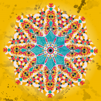 Oriental Yellow Blue mandala motif round lase pattern on the black background, like snowflake or mehndi paint on yellow color background