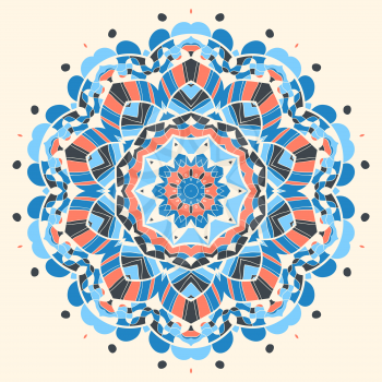 Fish. Oriental Blue mandala motif round lase pattern on the black background, like snowflake or mehndi paint on yellow color background