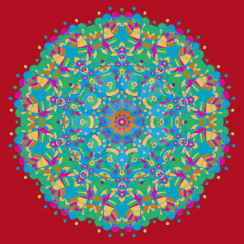Oriental mandala motif round lase pattern on the red background, like snowflake or mehndi paint in red and blue