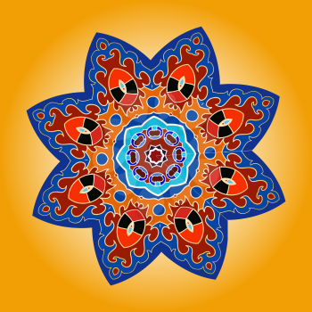 Oriental mandala motif round lase pattern on the yellow background, like snowflake or mehndi paint of orange color