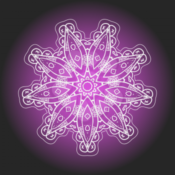 What is karma? Oriental mandala motif round lase pattern on the violet background, like snowflake or mehndi paint of deep pink color