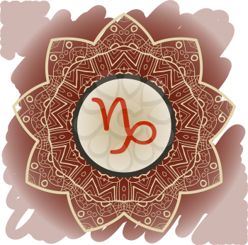 zodiac sign Capricorn. What is karma? Vector circle with zodiac signs on ornate wallpaper. Oriental mandala motif square lase pattern, like snowflake or mehndi paint. Watercolor elements on background