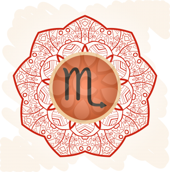 zodiac sign Scorpio. What is karma? Vector circle with zodiac signs on ornate wallpaper. Oriental mandala motif square lase pattern, like snowflake or mehndi paint. Watercolor elements on background