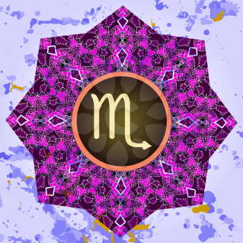 zodiac sign Scorpio. What is karma? Vector circle with zodiac signs on ornate wallpaper. Oriental mandala motif square lase pattern, like snowflake or mehndi paint. Watercolor elements on background