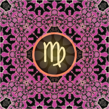 zodiac sign Virgo. What is karma? Vector circle with zodiac signs on ornate wallpaper. Oriental mandala motif square lase pattern, like snowflake or mehndi paint. Watercolor elements on background