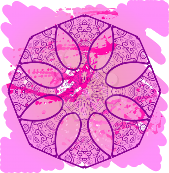 What is karma? Oriental mandala motif round lase pattern on the violet background, like snowflake or mehndi paint of deep pink color