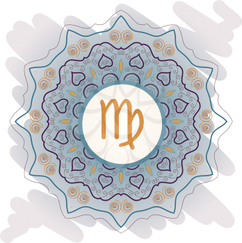 zodiac sign The Virgin (Virgo) on ornate oriental mandala pattern gray