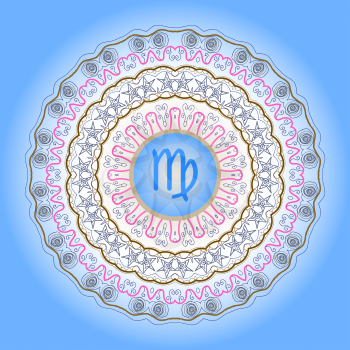 zodiac sign The Virgin (Virgo) on ornate oriental mandala pattern blue
