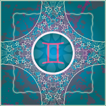 zodiac sign Gemini. What is karma? Vector circle with zodiac signs on ornate wallpaper. Oriental mandala motif square lase pattern, like snowflake or mehndi paint. Watercolor elements on background