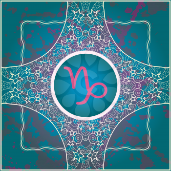 zodiac sign Capricorn. What is karma? Vector circle with zodiac signs on ornate wallpaper. Oriental mandala motif square lase pattern, like snowflake or mehndi paint. Watercolor elements on background