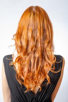 Vertical shot of Back view of Red curly long hair of Beautiful Woman