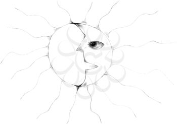 Royalty Free Clipart Image of a Sketch of the Sun and Moon Combined