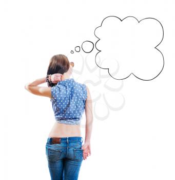 back view of the young girl  with speech bubble above