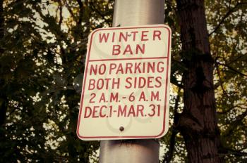 Winter ban. Parking Road Sign colorized image