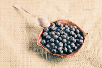 Ripe blueberry and spoon ready for eco breakfast vintage looking image