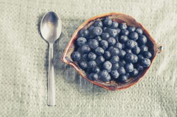 Blueberry breackfast. Bowl full of ripe berries and spoon retro looking image