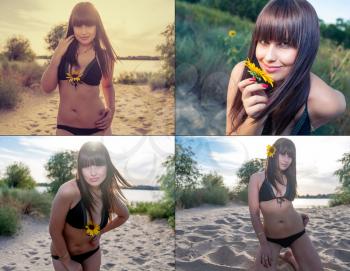 Women on beach with sunflower in her breasts