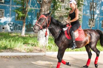 cute girl on horse in the street