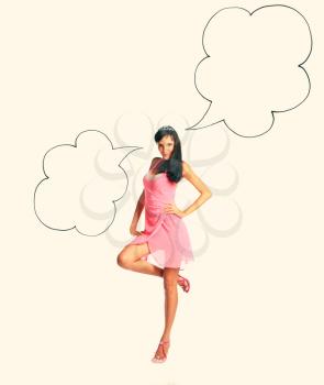 Thinking business woman looking on empty bubble. Very beautiful and attractive young brunette woman in elegant pink dress .