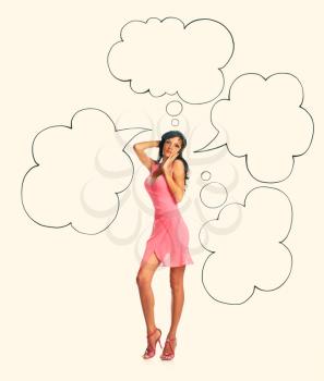 Girl in pink dress  showing sign speech bubble banner looking happy
