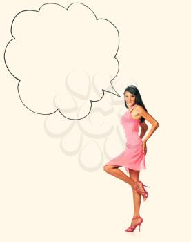 Satisfied sexy woman with speech balloon toned image. Gorgeous happy woman in pink gown posing on one leg.