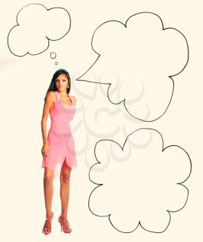Speech and thinking balloons near fashionable woman in pink dress