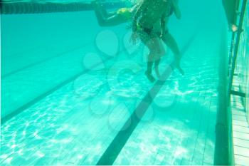 People at the swimming pool,  underwater photo of legs.