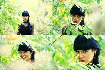 Set of four photo of cute black haired women in green leaves