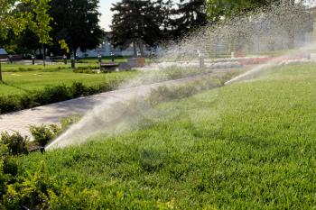 Sprinkler spraying water over green grass. Sprinkler system working on fresh green grass