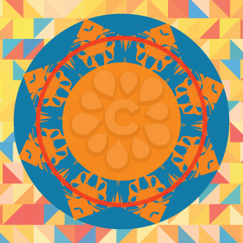 Mandala like round frame for text in blue and orange colors. Seamless vector tribal ethnic aztec pattern