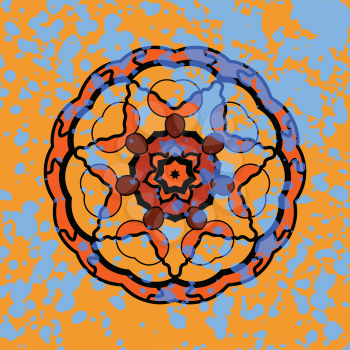 Vector illustration of round mandala ornament with watercolor splash over orange background. Chakra or yantra symbol