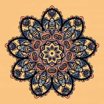 Stylized mandala vector. Flower like round ornate design over chokolate paper background