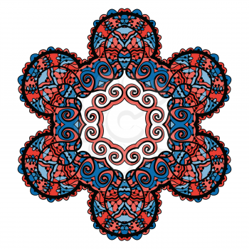 Stylized tribal mandala, circle decorative spiritual indian symbol of lotus flower, round ornament pattern, vector illustration over white background with red and blue color.