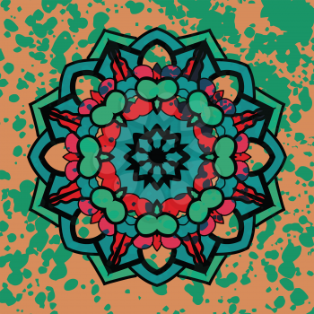 Vector watercolor colorful abstract round mandala design. Stylized chakra  or oriental yantra symbol in prevalling green color