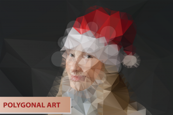  Mrs. Santa. Girl in Santa hat.Abstract polygonal face. Triangles portrait for your design.