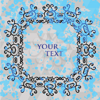 Stylized tribal ornament square frame for text with splashes of blue azure paint on background