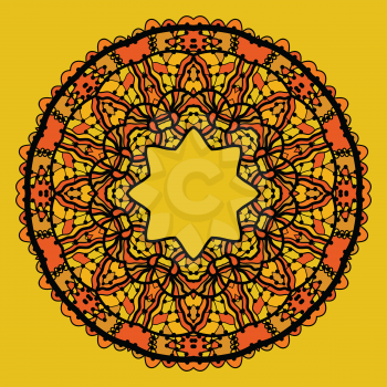 Round lace patterd mandala like design in yellow color. Art vintage decorative elements. Hand drawn tribal style yantra. Flayer template oriental style motif