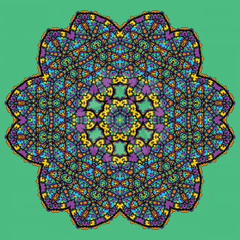 Unusual mandala art - chakra symbol ocer green background.