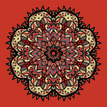 Ornamental colorful vector mandala on red. Art vintage decorative elements. Hand drawn tribal style yantra or chakra symbol. Arabic indian, ottoman, asian motifs. Flayer template a lot of copyspace