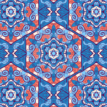 hexagonal oriental seamless ornament, in blue and orange color