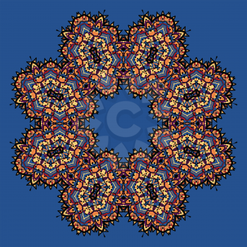 Abstract vector circle floral ornamental border on blue background.