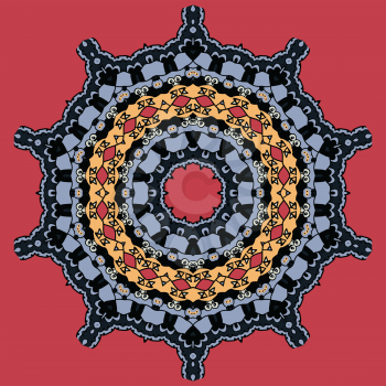Mandala on Red. Round Ornamental Tribal Pattern.