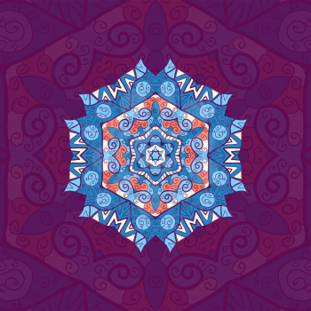 Blue mandala. Oriental design over violet background.