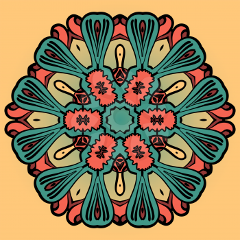 Mandala flower design over yellow pattern. Ornament indian round lace. Decorative vintage element