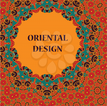 Round Ornamental Symmetry Pattern. Vintage decorative Mandala-like element. Hand drawn artwork. Islamic, Arabic, Persian, Indian, Ottoman motifs. Copy space.