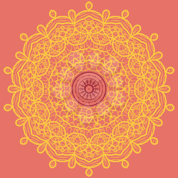 Mandala Print in Orange and Yellow Color, visual illusion, Yantra for meditation, 60th style textile art