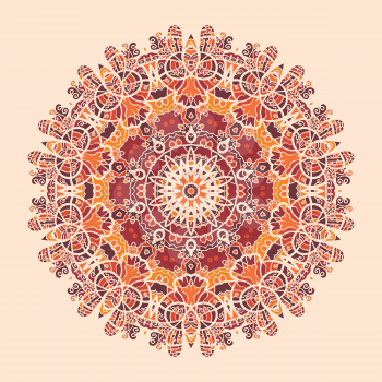 Mandala Print Warm Color. Round Ornamental Symmetry Pattern. Vintage decorative element. Hand drawn artwork. Islamic, Arabic, Persian, Indian, Ottoman motifs.
