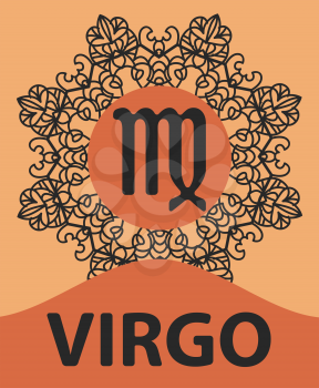 Zodiac sign Virgo. Abstract zodiac sign for talismans, textile prints, tattoo vector illustration on ornamental round lace pattern. Abstract vector tribal ethnic western zodiac star sign on ornate man